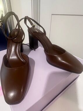 Zara Dark Brown Leather Slingback Block Heels